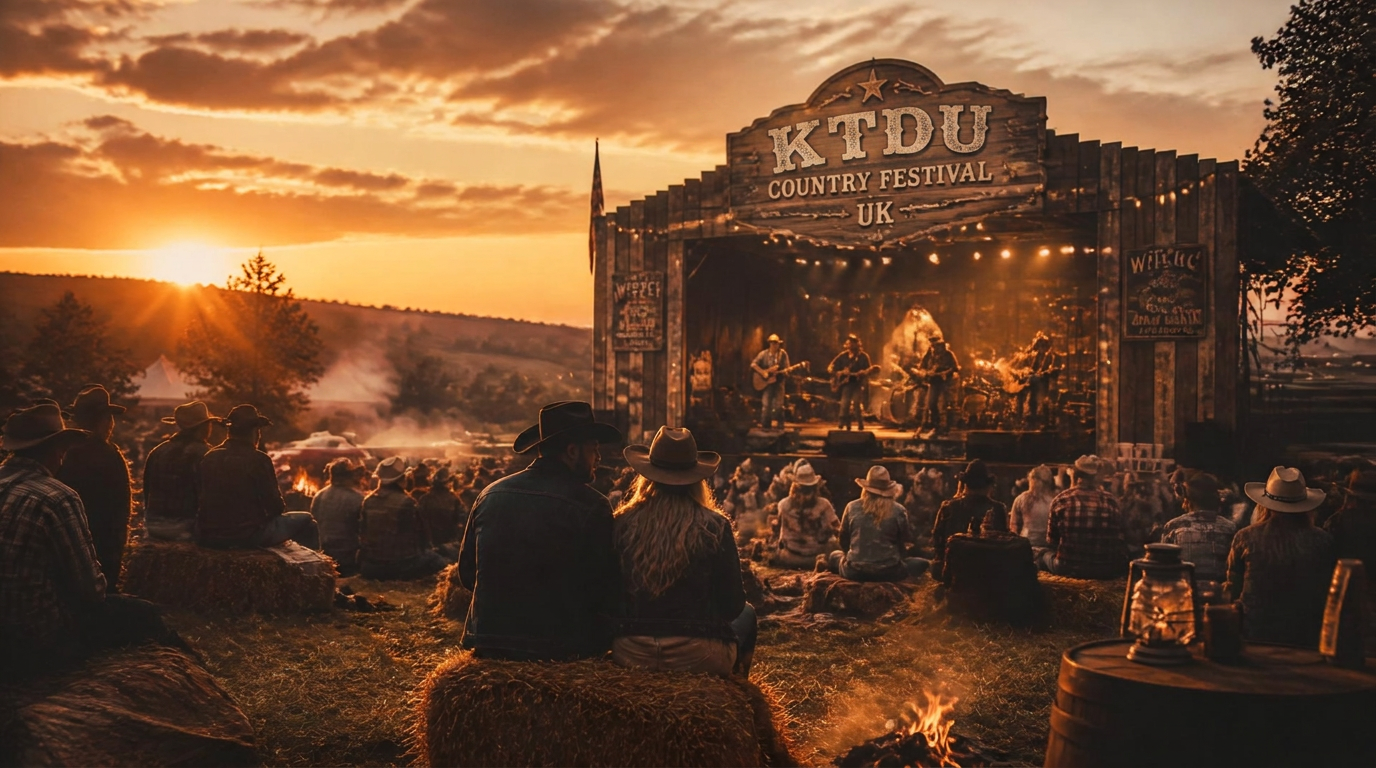 Country music festival at golden hour with a wooden stage, hay bales and cowboy hats
